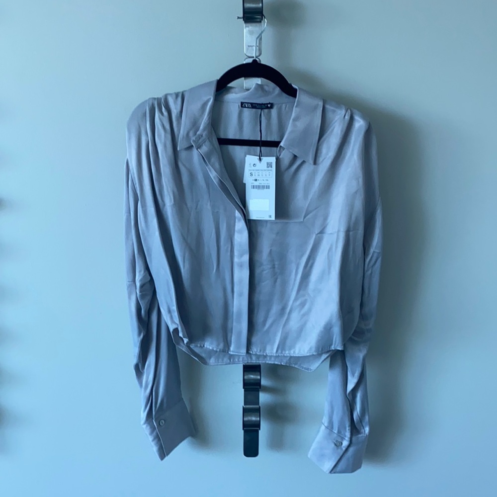 Zara Cropped Silk Button Down Shirt NWT